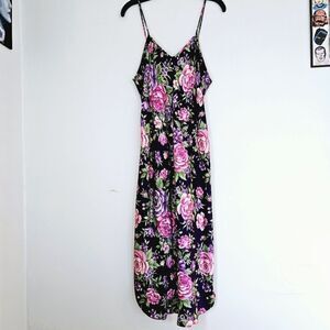 Vintage Dentelle Purple Floral Slinky Cami Satin Y2K V-Neck Midi Slip Dress M